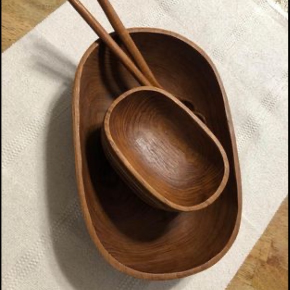 Oblong Teak Wood from Thailand Salad Bowl Set Service for 4 & Serving Utensils - Picture 7 of 10